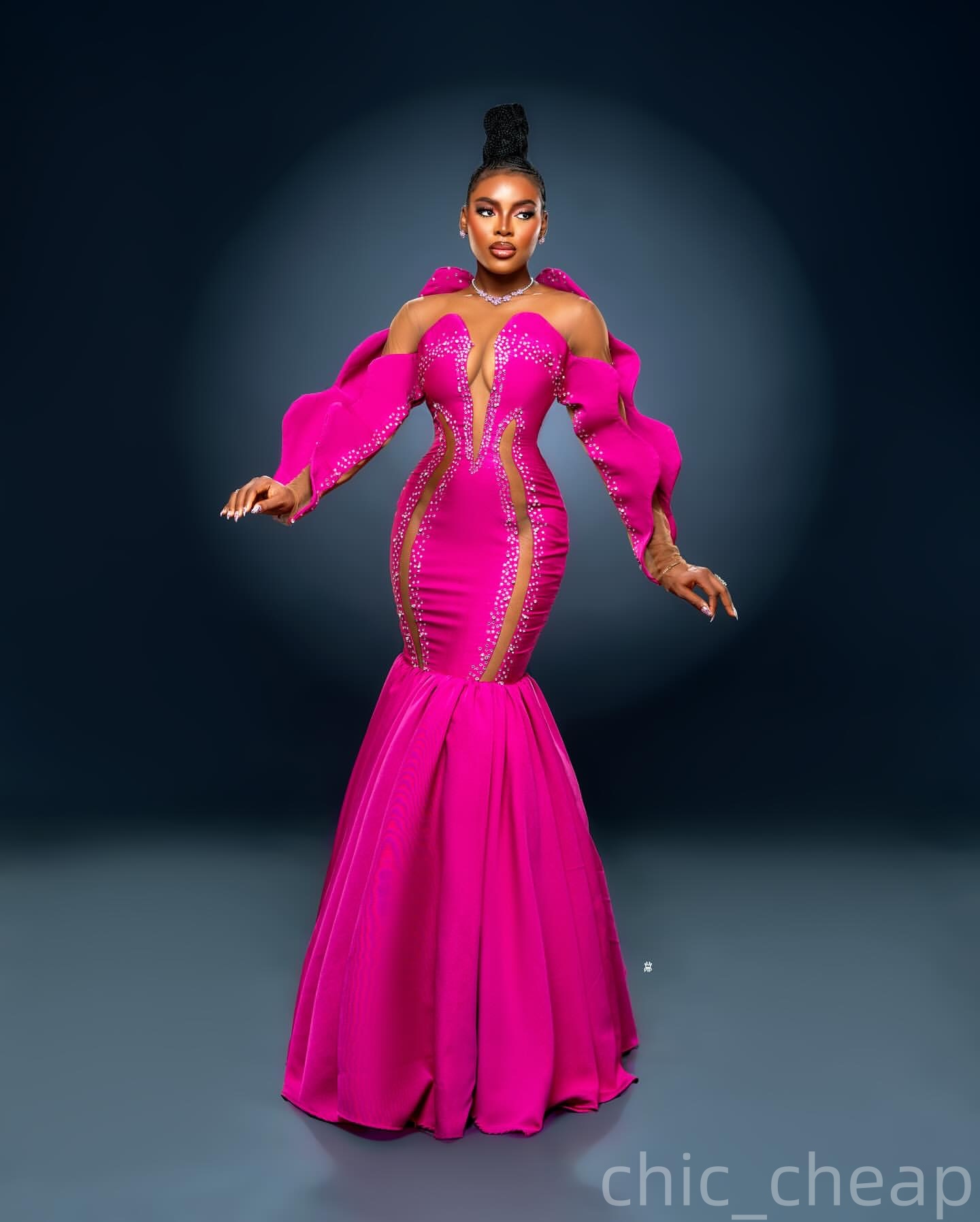 Fuchsia Mermaid Prom Dresses 2025 Crystals Satin Full Sleeves Evening Formal Party Second Birthday Engagement Gowns Plus Size Dress For Special Occasi