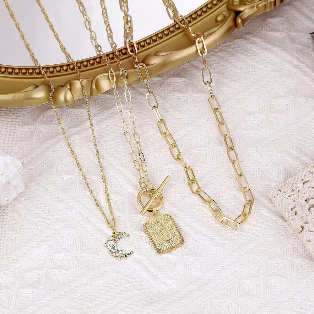Layered Initial for Women Trendy, 14K Plated Simple Moon Choker Square Letter Pendant Paperclip Chain Necklace, Gold Necklaces Jewelry Gifts