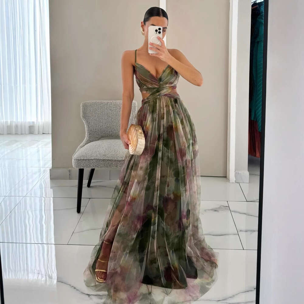 Maxi Dress Spring Summer New Mesh Printed Strap INS Holiday Leisure Party Dress Floral Dress