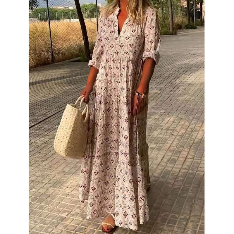 Maxi Dress Women S Summer New Standing Collar Large Fashion Loose Fitting Dress Long Style Floral Dress