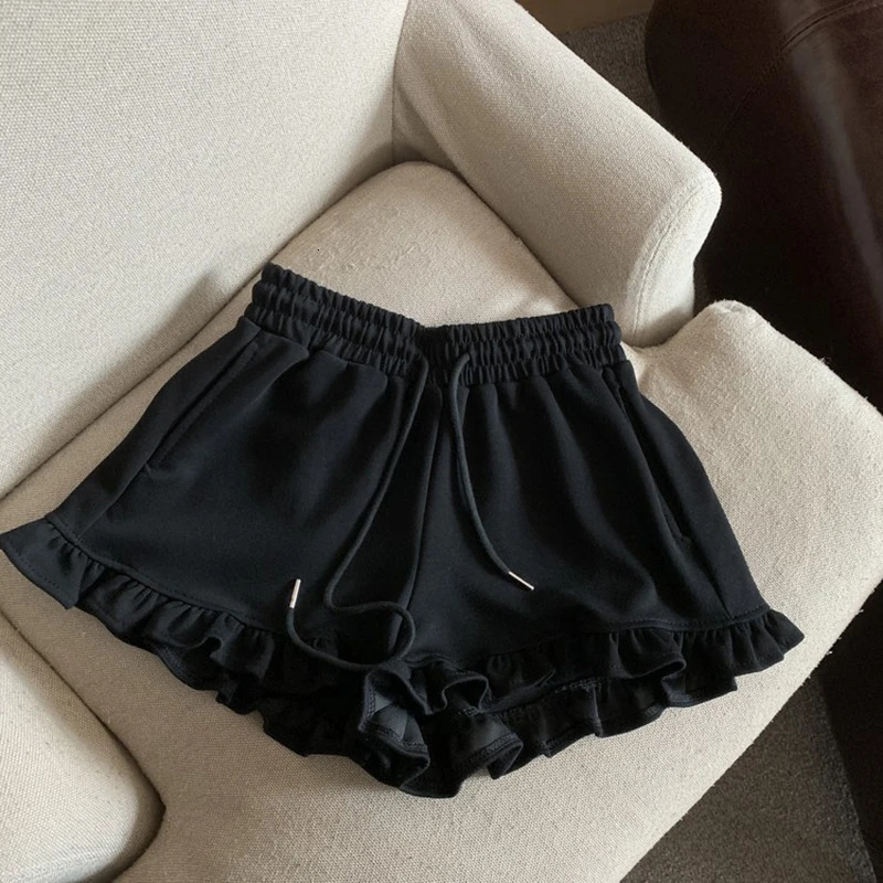 MEXZT Streetwear Black Shorts Women Fashion Ruffles Wide Leg Shorts Summer Korean High Waist Baggy Casual Sports Short Pants 250523