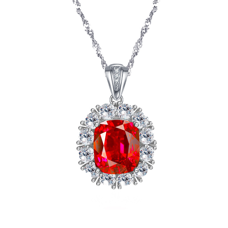 925 Sterling Silver Necklace with Red and Green Nano Gemstone Pendant, Full Diamond Inlaid Luxury Wedding Jewelry for Women