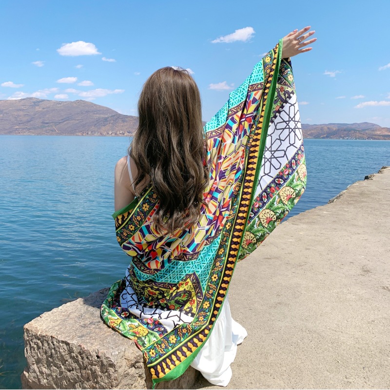 K827 National style scarf seaside travel beach towel printed silk scarf sunscreen shawl cotton and linen scarf manufacturers wholesale direct sales