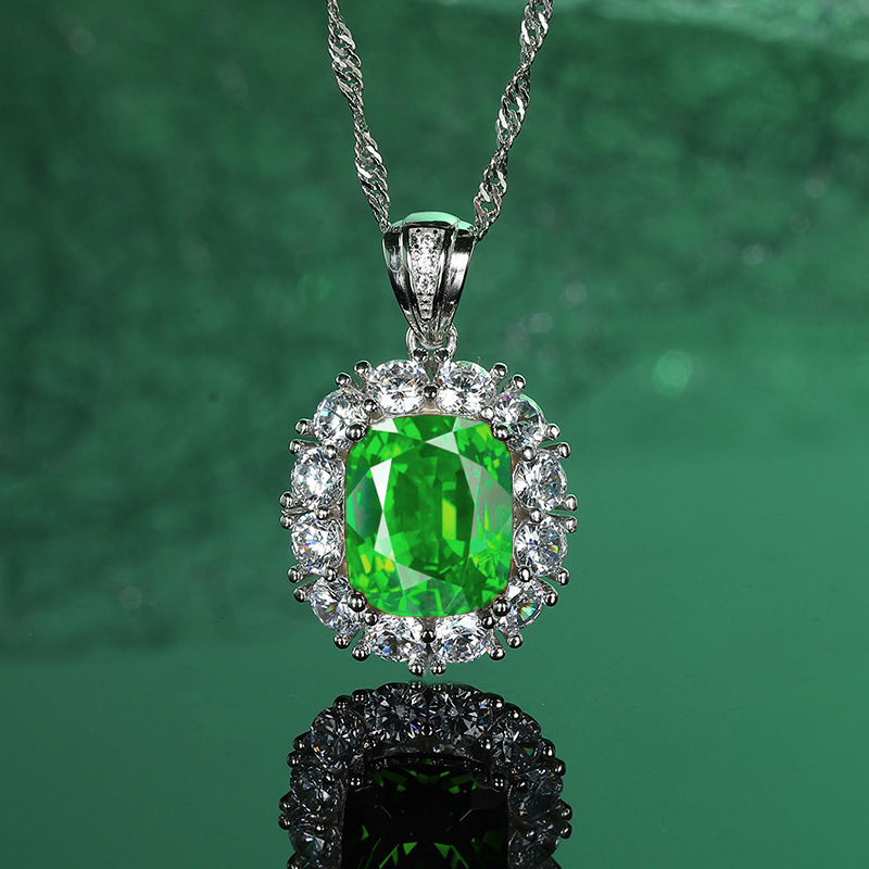 925 Sterling Silver Necklace with Red and Green Nano Gemstone Pendant, Full Diamond Inlaid Luxury Wedding Jewelry for Women