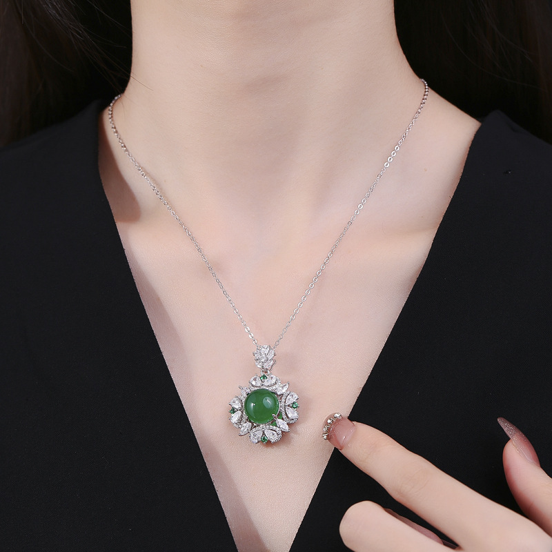 Luxury S925 Sterling Silver Jade Pendant Necklace, Vintage Green Gemstone Jewelry, Elegant Women's Necklace with Jadeite & Silver Design