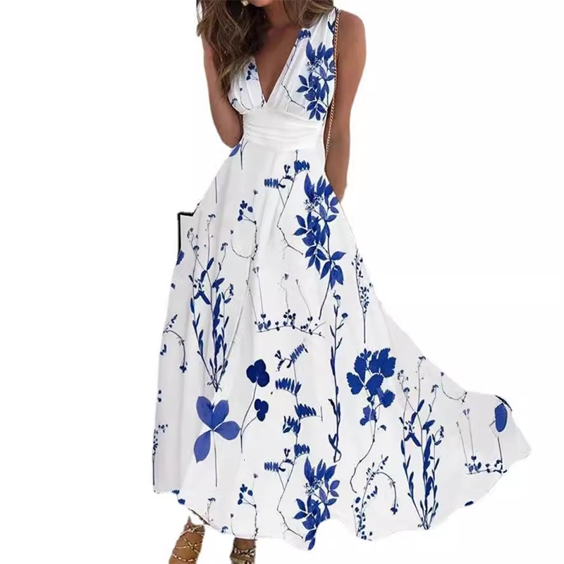 2026 Women's Summer Dress New V-neck High Waist Sleeveless Sun Skirt Printed Sexy Tank Top Dress