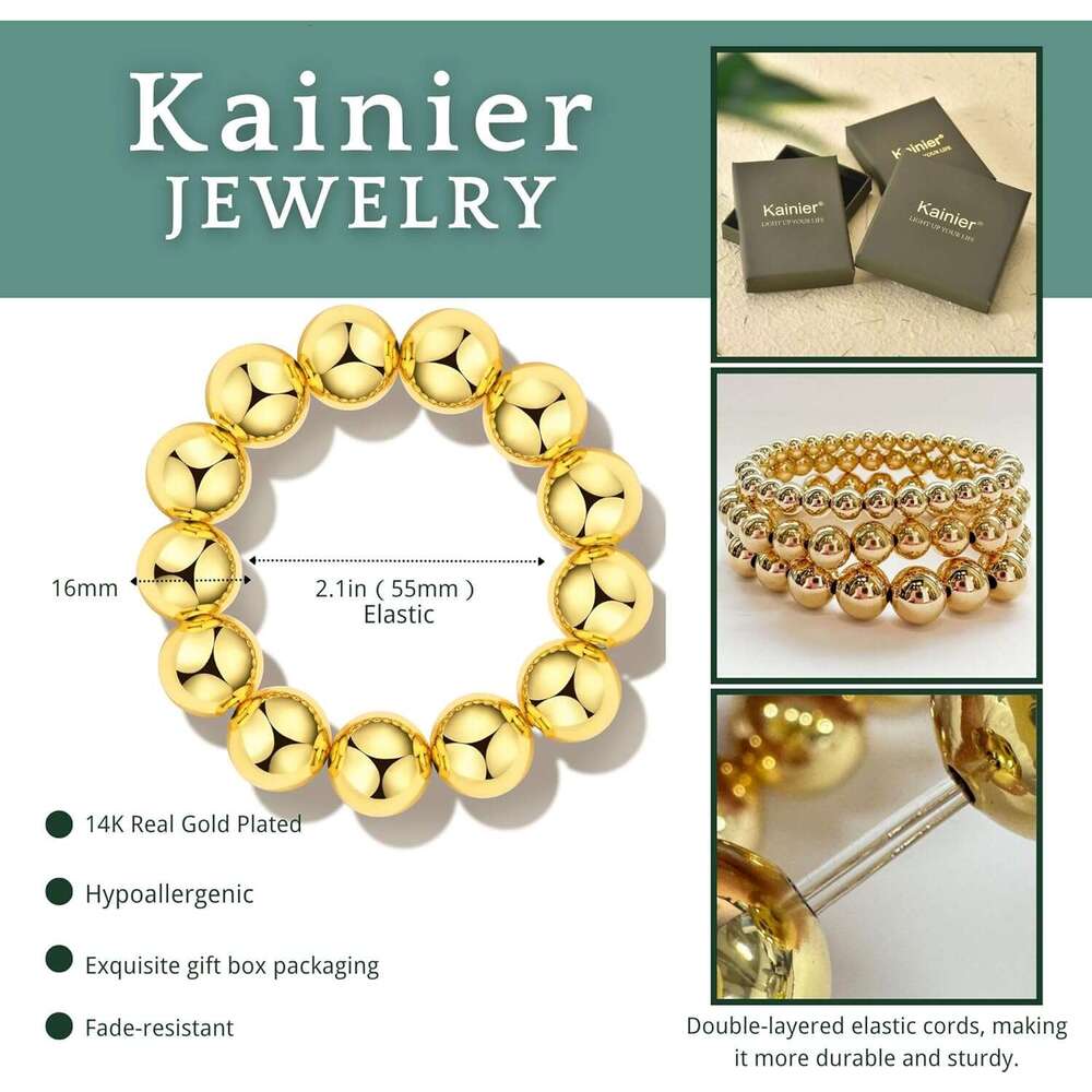 Beaded for Women 14K Gold Plated Chain Bracelets Strand Non Tarnish Chunky Dainty Link Stackable Beads ball Bracelet 8/12/16mm