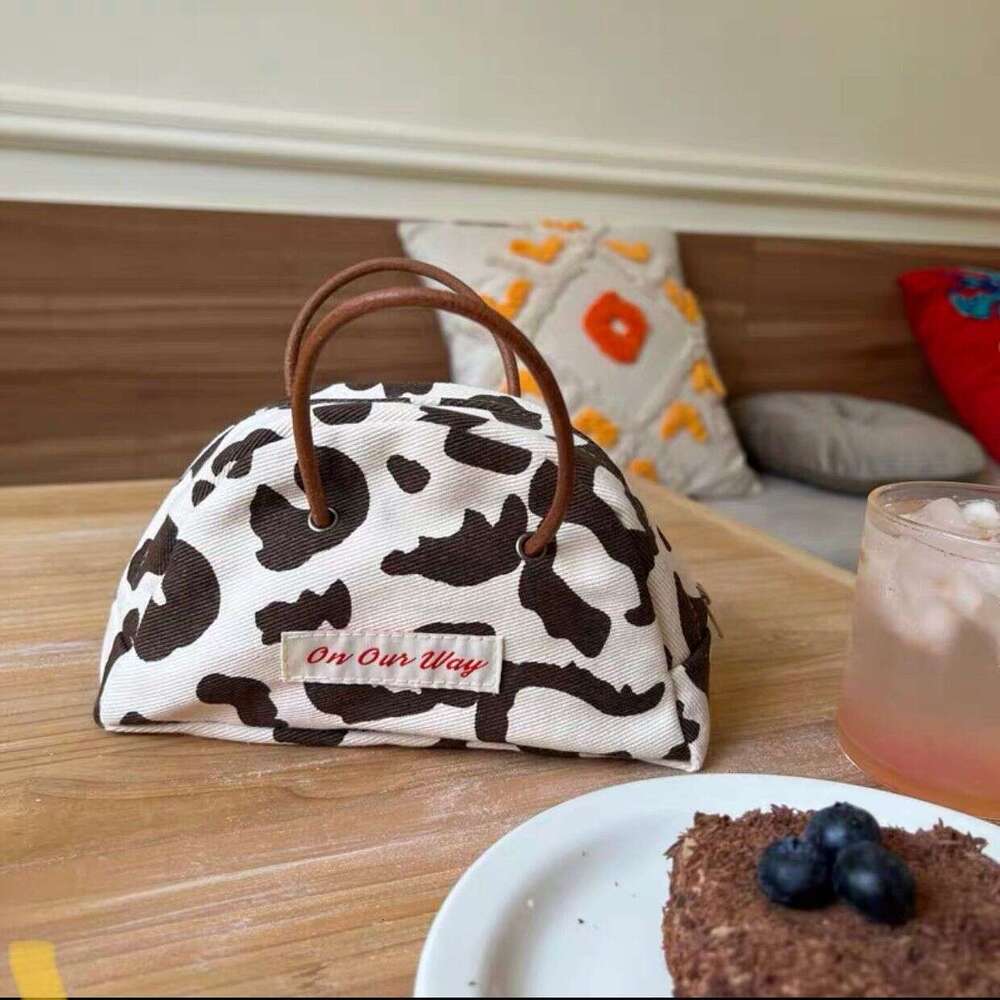 Cute Niche Half-Round Leather Strap Handbag Zipper Storage Student Denim Tote Bag