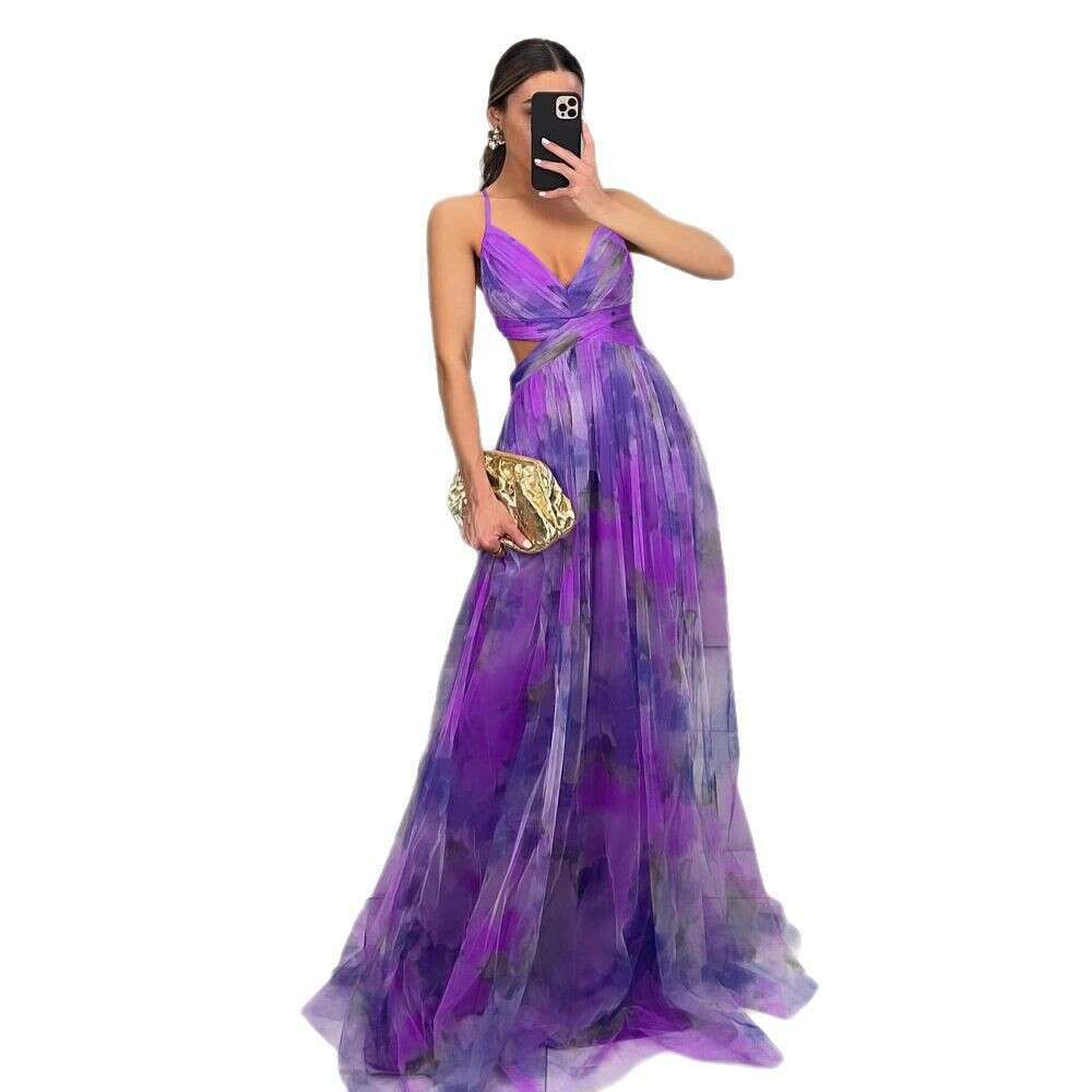 Maxi Dress Spring Summer New Mesh Printed Strap INS Holiday Leisure Party Dress Floral Dress