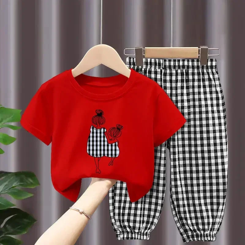 Childrens Clothing Sets Mother and Daughter Printed Shortsleeved Top Plaid Trousers Kids Clothes Girls 2 To 8 Years 250517z