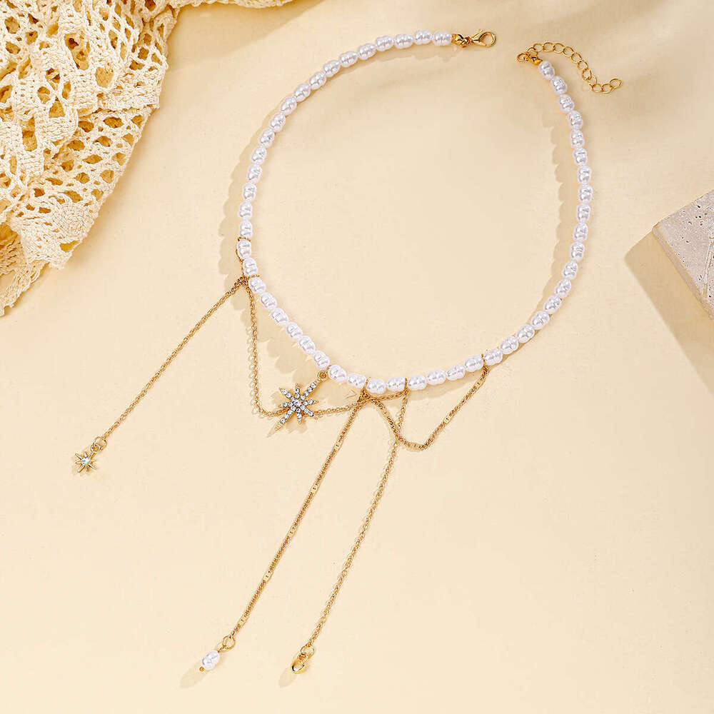 Jewelry Bohemian style pearl necklace with personalized tassel alloy hexagonal star collarbone chain for women