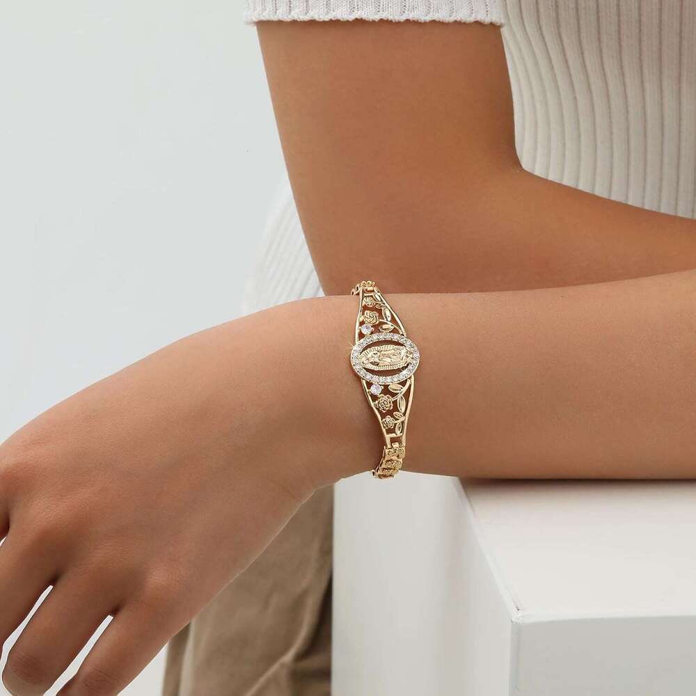 Catholic Bracelet Women-14k Gold Plated Bracelet,Hypoallergenic Non Tarnish Trendy Jewelry,Dainty Stainless Steel Cubic Zirconia Religious Baptism Vir