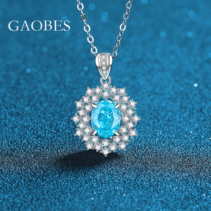 925 Sterling Silver Aqua Blue Moissanite Jewelry Set with Necklace, Earrings, and Ring, High Carbon Diamonds for Women