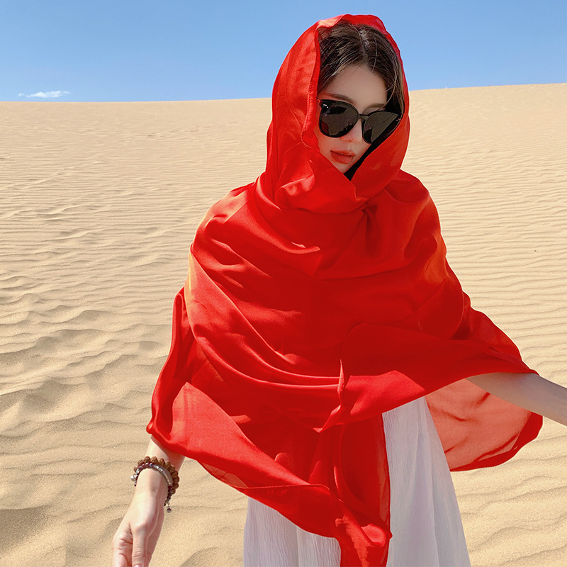 K830 Desert red silk scarf shawl female summer sun protection Tibet Sichuan travel outer skirt thin photo scarf