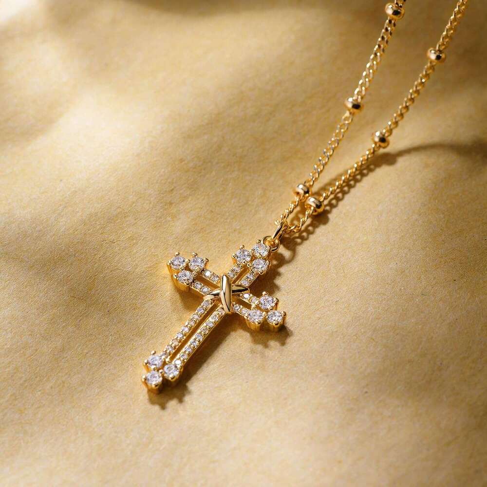 Multi layer golden women's gold-plated faith cubic zirconia cross pendant exquisite necklace prayer religious jewelry
