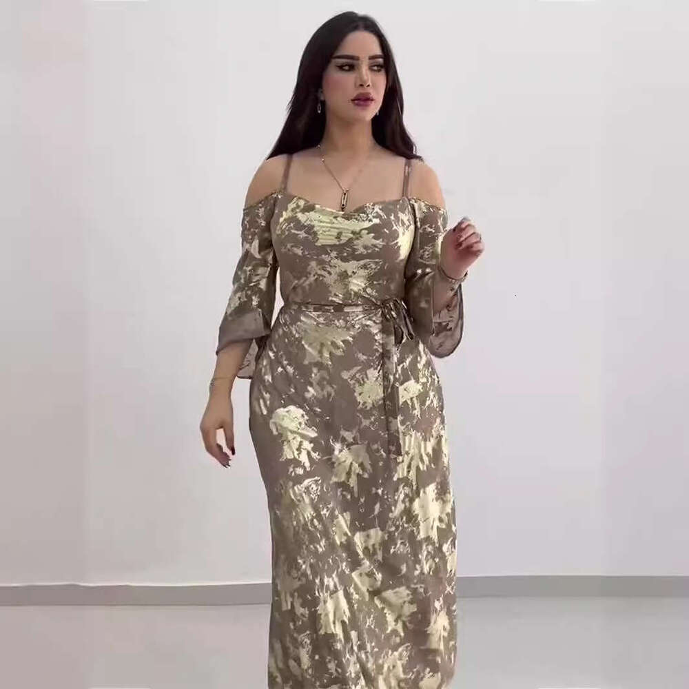 Maxi Dress Autumn New Printed Gold Plated Long With Suspended Shoulder Sleeves Dress Floral Dress