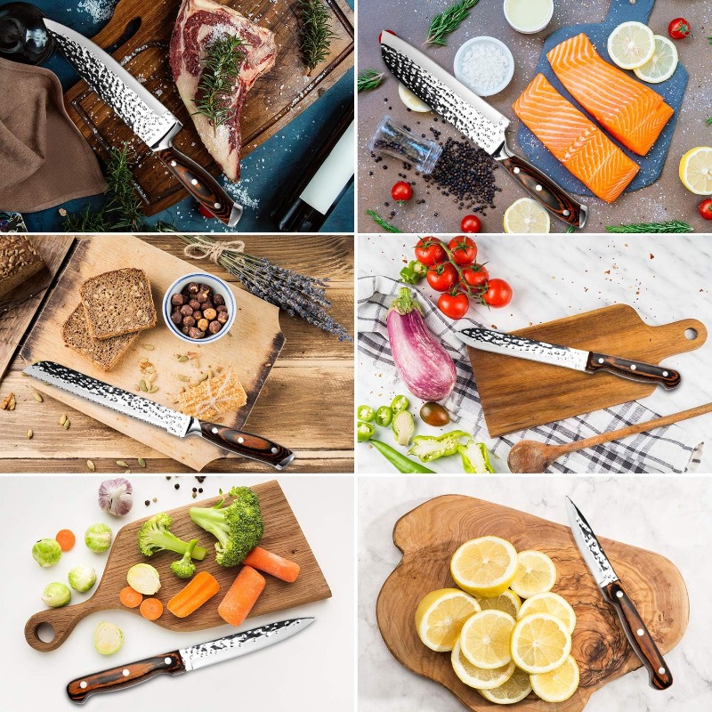 Automatic sharpening high-carbon stainless steel knife set of 15 pieces - includes wooden knife rack and steak knife