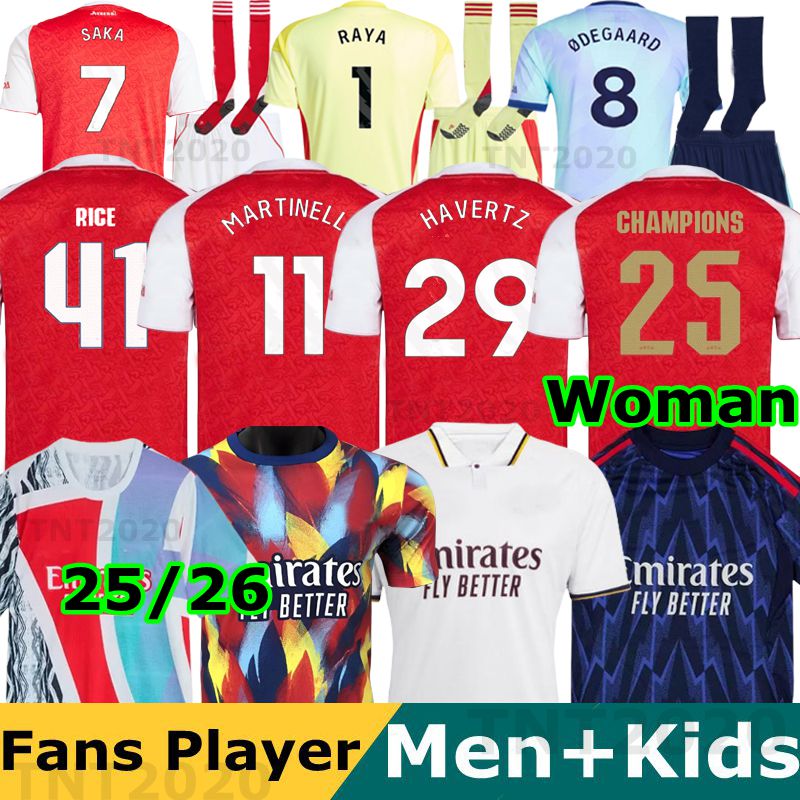 24 25 26 SAKA soccer jerseys Fans Player MARTINELLI 2025 football shirt Men Kids kit ODEGAARD Nwaneri SALIBA RICE HAVERTZ CALAFIORI Lewis Skelly RAYA Women RUSS0 23