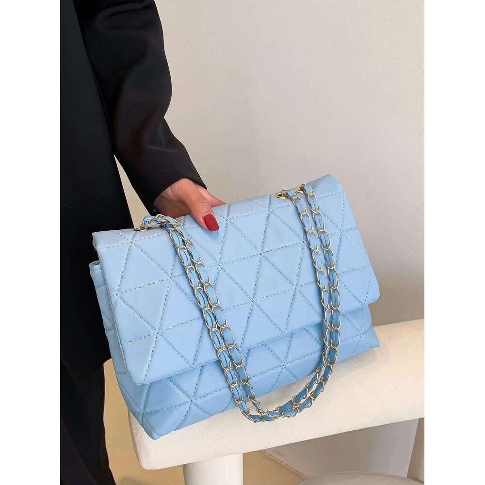 Hot Selling Fashion Blue Pu Flap Golden Large Capacity Niche Geometric Handbag Women's Embroidery Thread Metal Chain Shoulder Bag Designer Bags