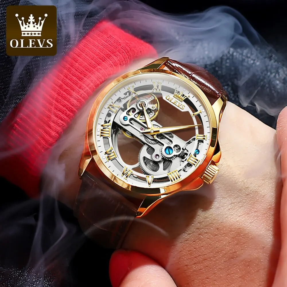 OLEVS Men Watches Automatic Mechanical Wristwatch Skeleton Waterproof Leather Strap Male Watch Reloj Hombre 250603