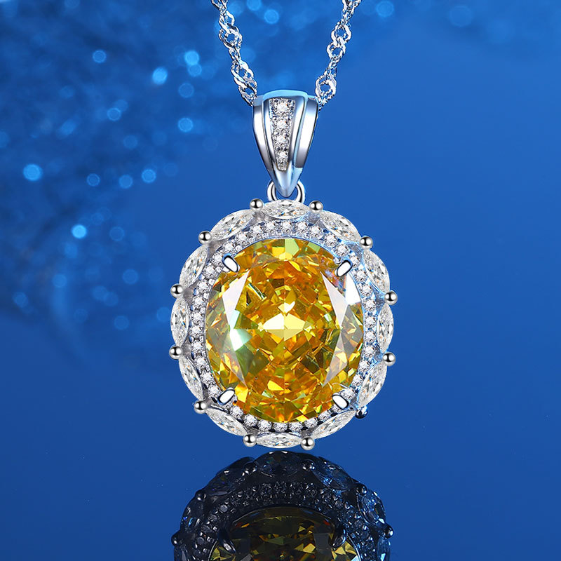 925 Sterling Silver High Carbon Diamond Yellow Gemstone Jewelry Set Necklace Stud Earrings Ring Women's Elegant Fashion Accessories