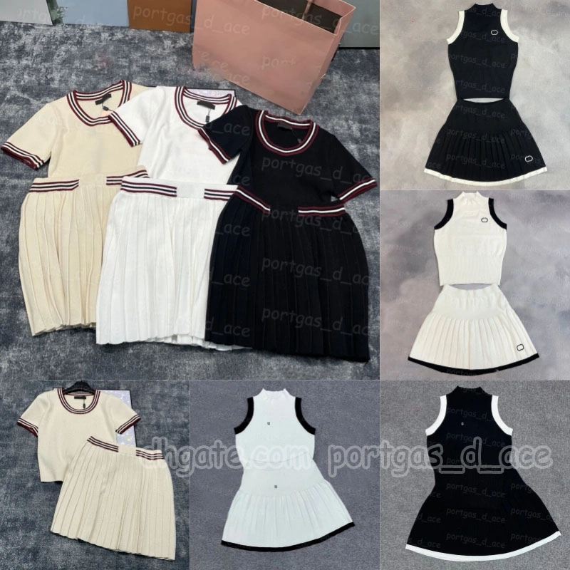 Designer Women Tennis Vest Skirt Dress Set Luxury Knitted Jumpers Pleated Skirts Tops Knits Outfits Striped Singlet Vest Casual Daily Sporty Tanks Knitwear