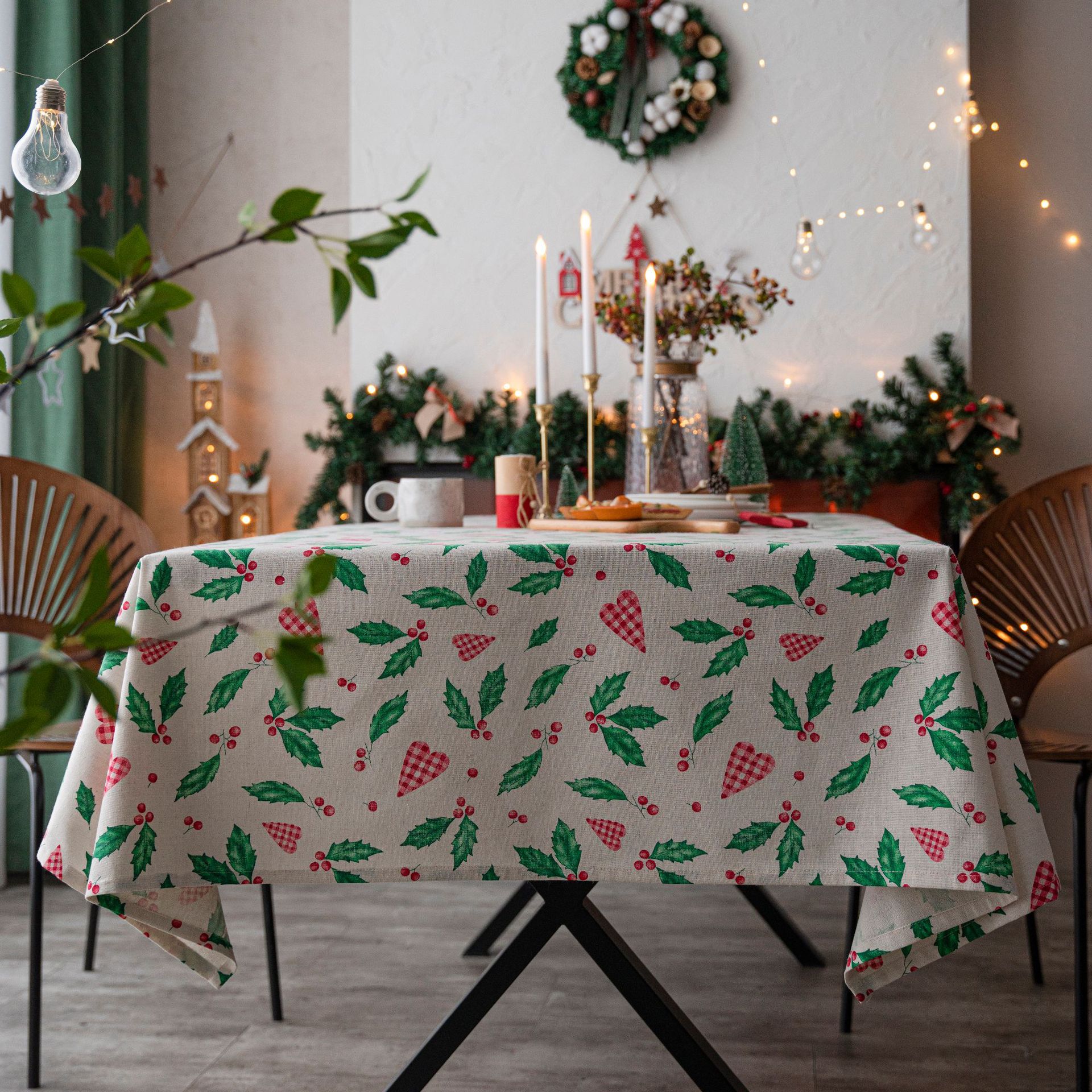 B380 Tablecloth Green Leaf Sketch Tablecloth American Style Rectangular Fabric Factory Direct Supply