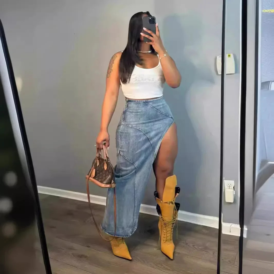 Denim Irregular Skirt Women High Waist Stretch Distressed Washed Zipper Mom Jeans Sexy Club Vintage Long Skirts 2025 Streetwear 250516Z