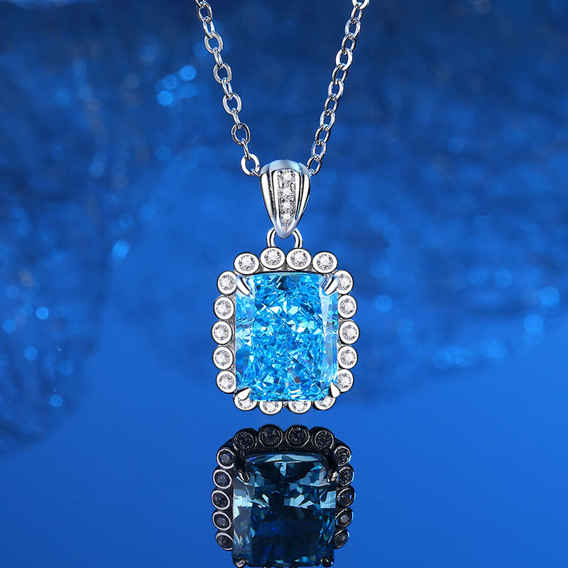 925 Sterling Silver Aqua Moissanite Jewelry Set with Necklace, Earrings, and Ring, High Carbon Diamonds for Women, Luxury Fashion Set
