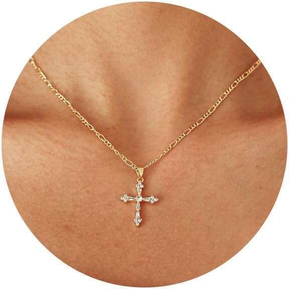 Necklace Women, Dainty 14K Plated Pendant Small Cross Choker Cute Gold Necklaces for Women Trendy Faith Jewelry