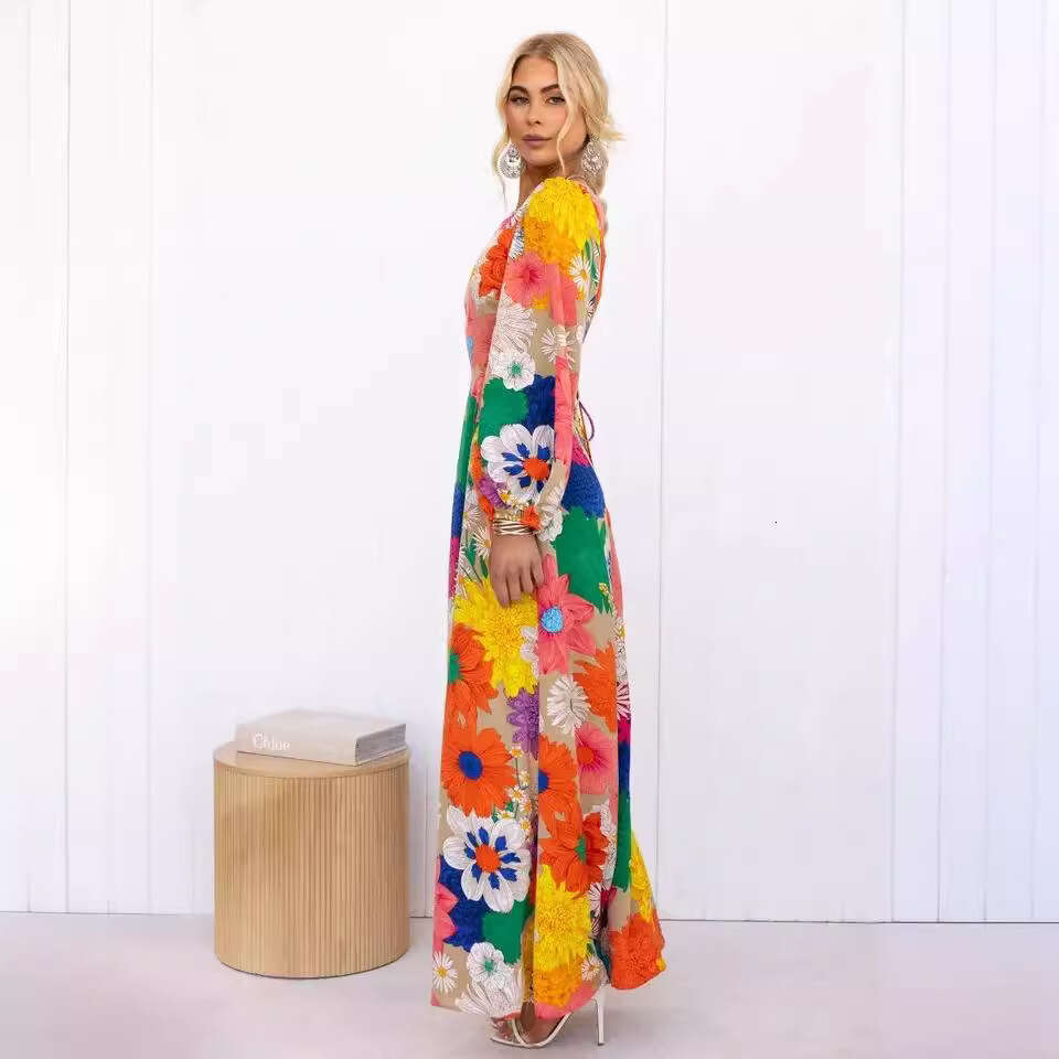 Maxi Dress Year Autumn And Winter New Fashionable Printed Round Neck Lantern Sleeve Long Waist Cinched Dress Floral Dress