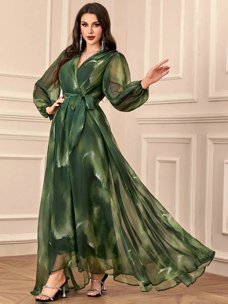 Women's V-Neck Cross Wrap Elegant Long Sleeve Random Print Summer Dress 2024 New Spring Casual Formal Party Maxi Dresses