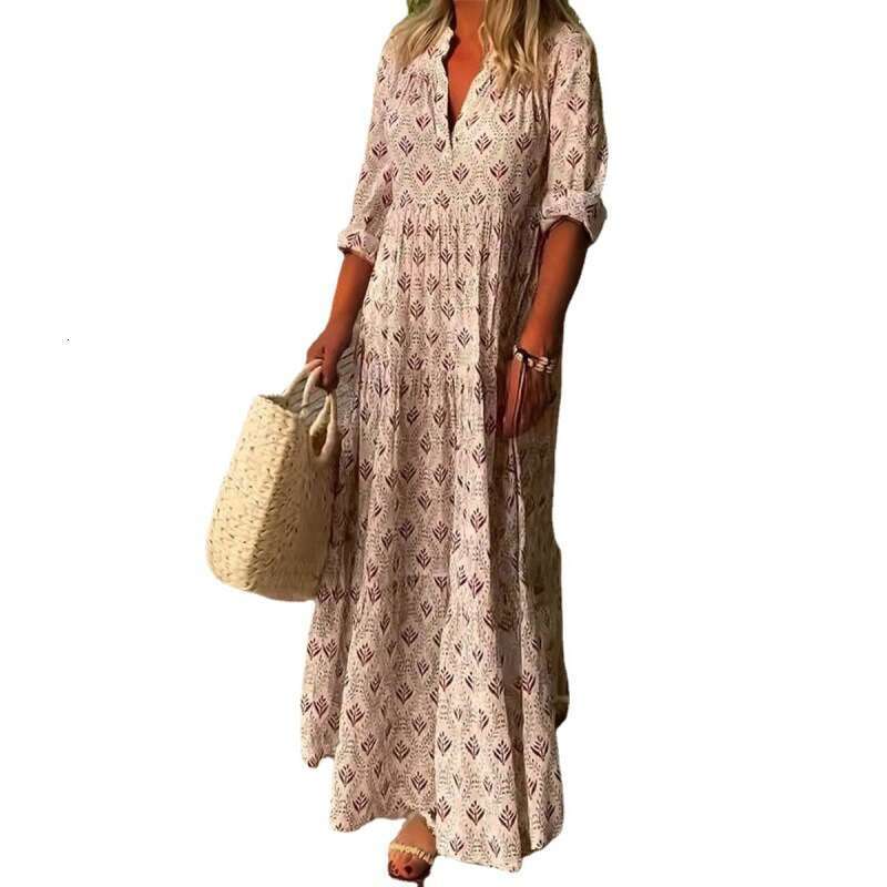 Maxi Dress Women S Summer New Standing Collar Large Fashion Loose Fitting Dress Long Style Floral Dress