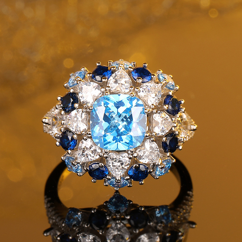 High-End 925 Sterling Silver Blue Synthetic Zirconia Statement Ring for Women, Elegant and Fashionable Jewelry, Perfect for Special Occasions