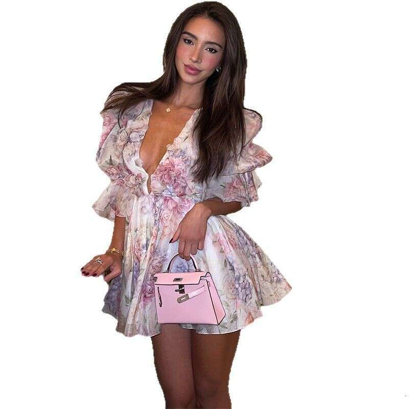 Backless Sexy Dress Pink Deep V Neck Spring New Socialite Style Printed Short Dress Sexy Flowy Dresses