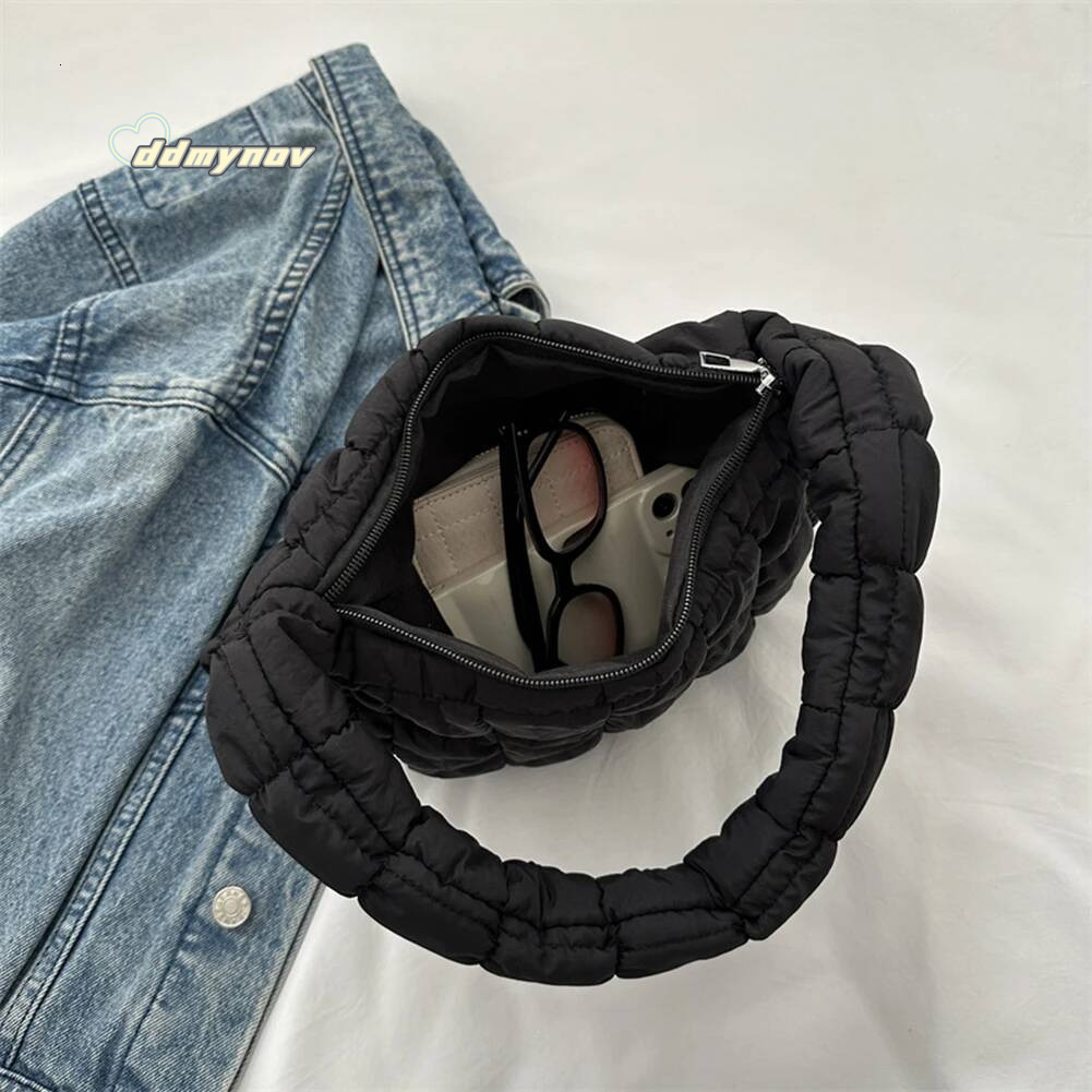 Korean Ruched Solid Underarm Plaid Quilted Women Small Handbag Bubble Embroidered Ladies Shoulder Winter Cotton Tote Bag ddmynov