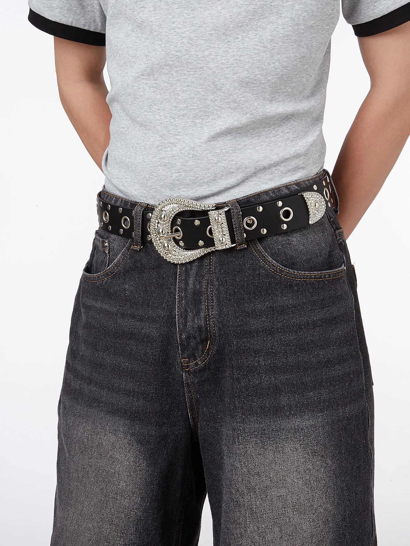 1pc Mens Western Style Distressed Texture Rhinestone Pearl Embellished Hollow Buckle Denim Belt Summer Casual Accessory 250520