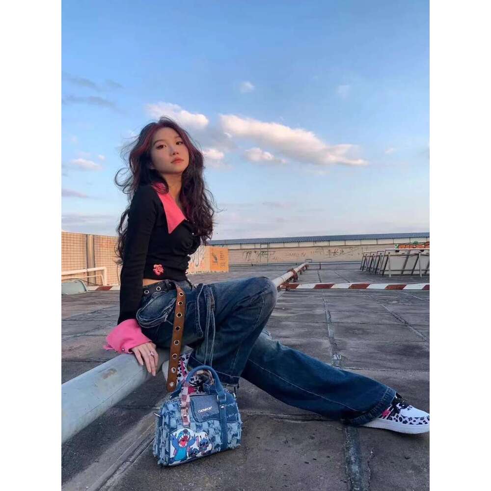 New Cartoon Denim Shoulder With Hole Splicing Crossbody Portable Pillow Bag