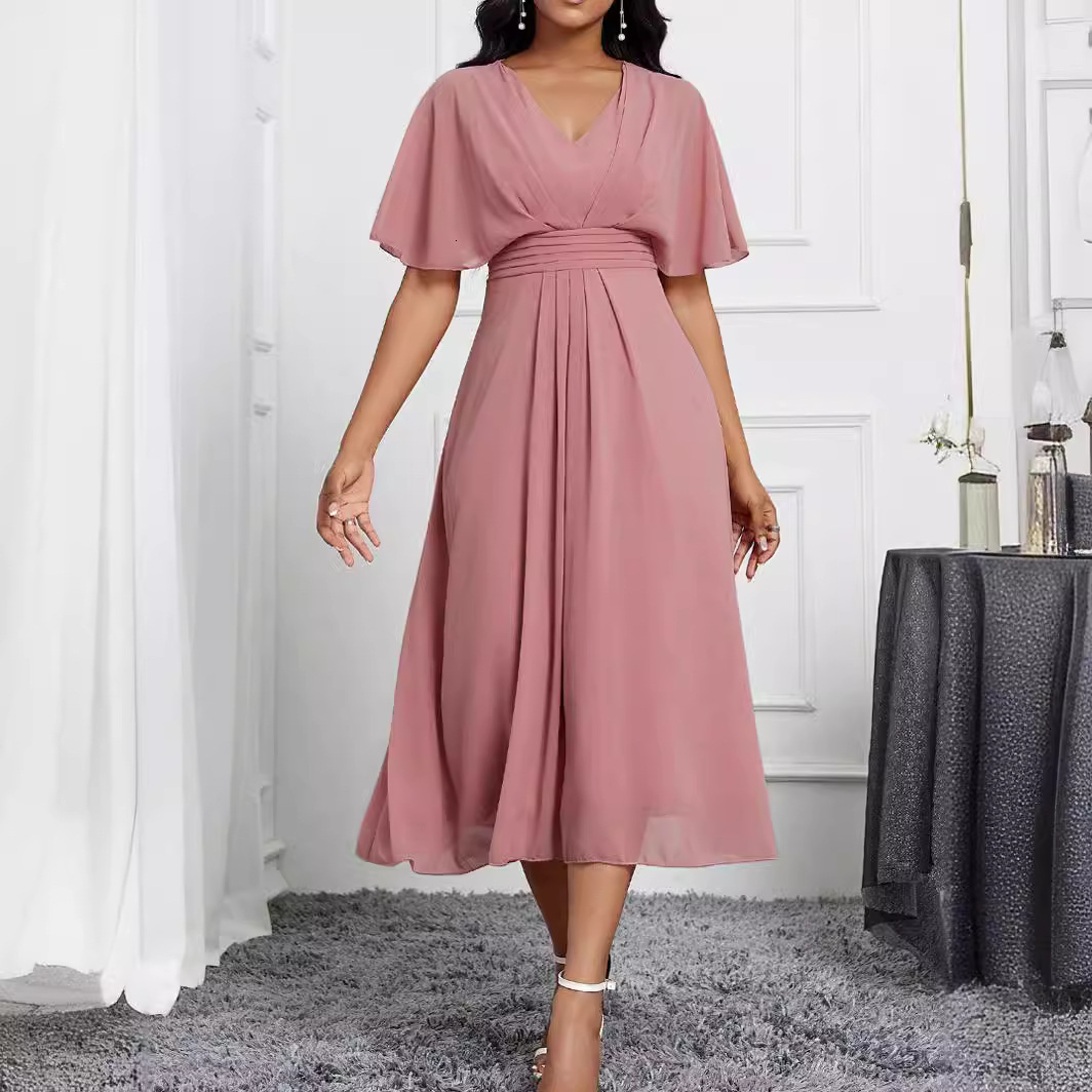 Small niche design style spring and summer new items pure color temperament elegant womens dress