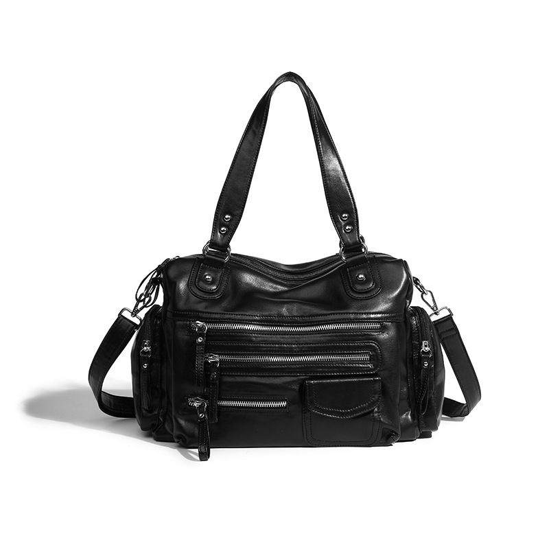 Black Zipper Motorcycle 2024 New Casual Soft Handbag Light Luxury College Style Shoulder Crossbody Bag