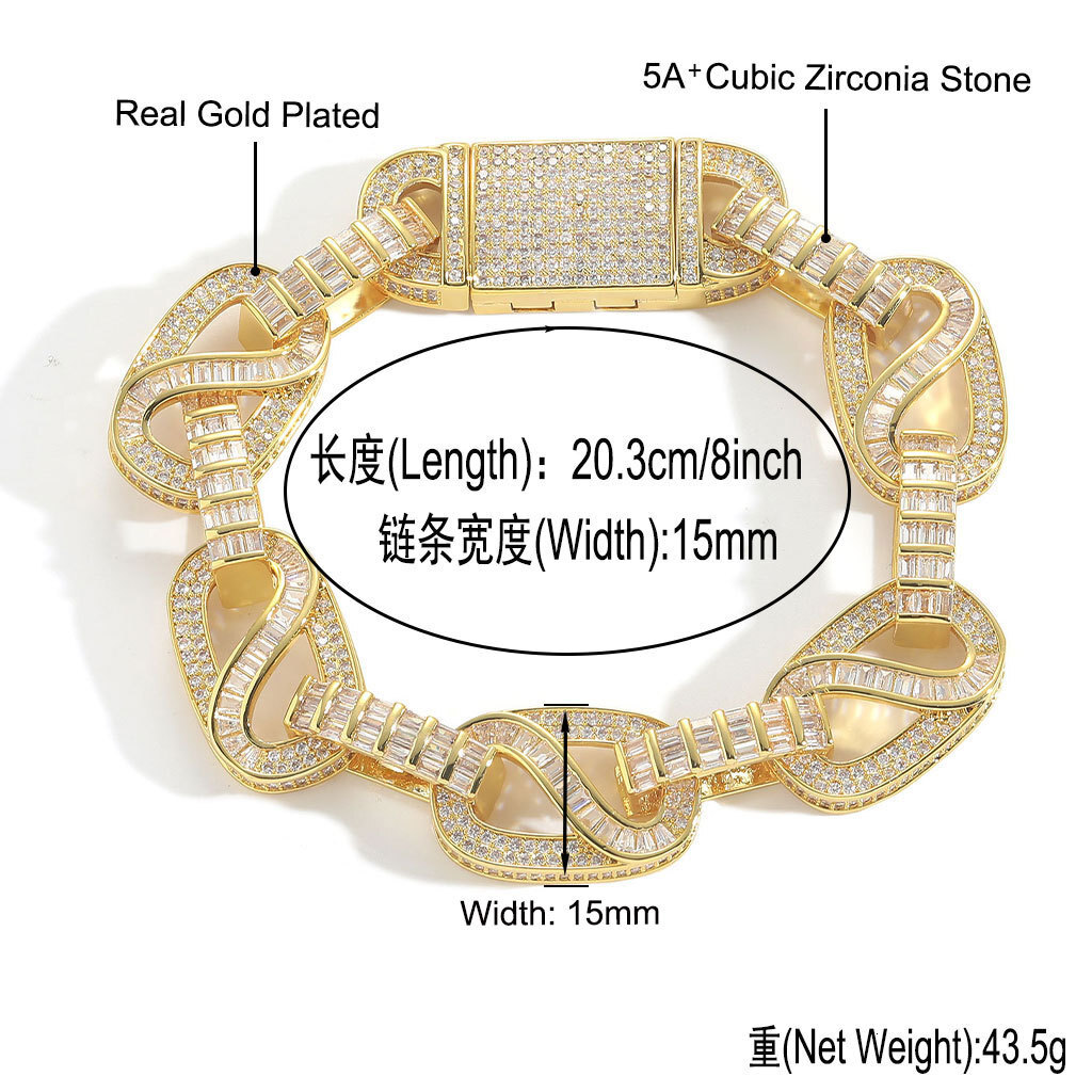 15mm New In Hip Hop Cuban Link Chain Bracelet For MenTrendy Personalized Full Diamond 14k Gold Plated Wolf Tide Pulseiras Bijoux Bling Rapper Party Bi