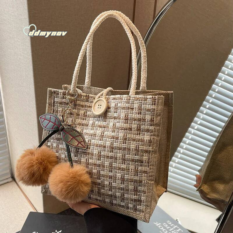 Retro Braided Pattern Jute Tote Large Capacity Grocery Women Handbag Beach Organizer Portable Shopping Lunch Bag ddmynov