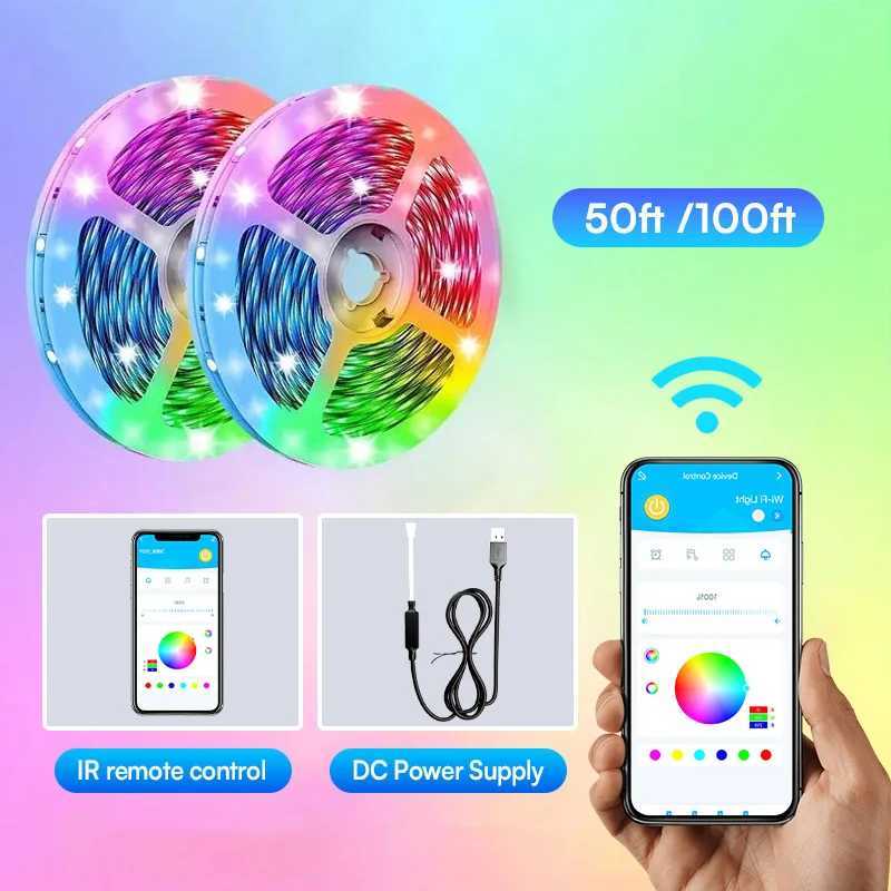 Tjoy LED Smart Light Strip 100ft Size Supports App Control (Clocking Discoloration Music Rhythm) Suitable for Bedroom Living Room Ceiling Decoration W