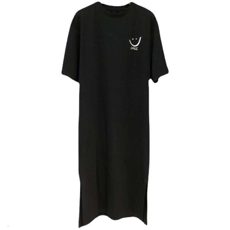 Tight Cut Out Dresses Summer New Versatile Loose Short Sleeve Korean Style Printed Split Mid Length Dress T Shirt For Women Trendy Sexy Dress
