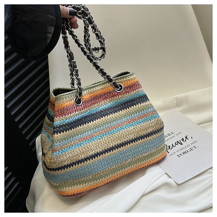 Free Shipping Designer Bag Women's Summer Woven Shoulder Bag Rainbow Striped Grass Woven Bag Large Capacity Chain Shopping Bag Leisure Vacation B