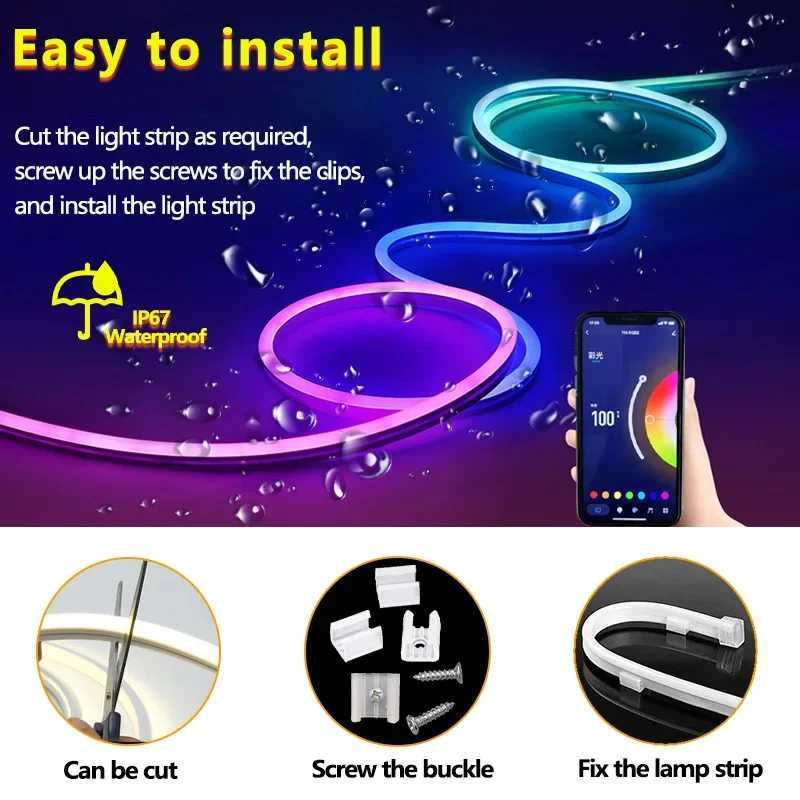 Bluetooth RGBIC Neon LED Strip Lights LED Waterproof Rope Light with Music Sync DIY Dreamcolor Chasing Strip Tape for Home Decor W250526