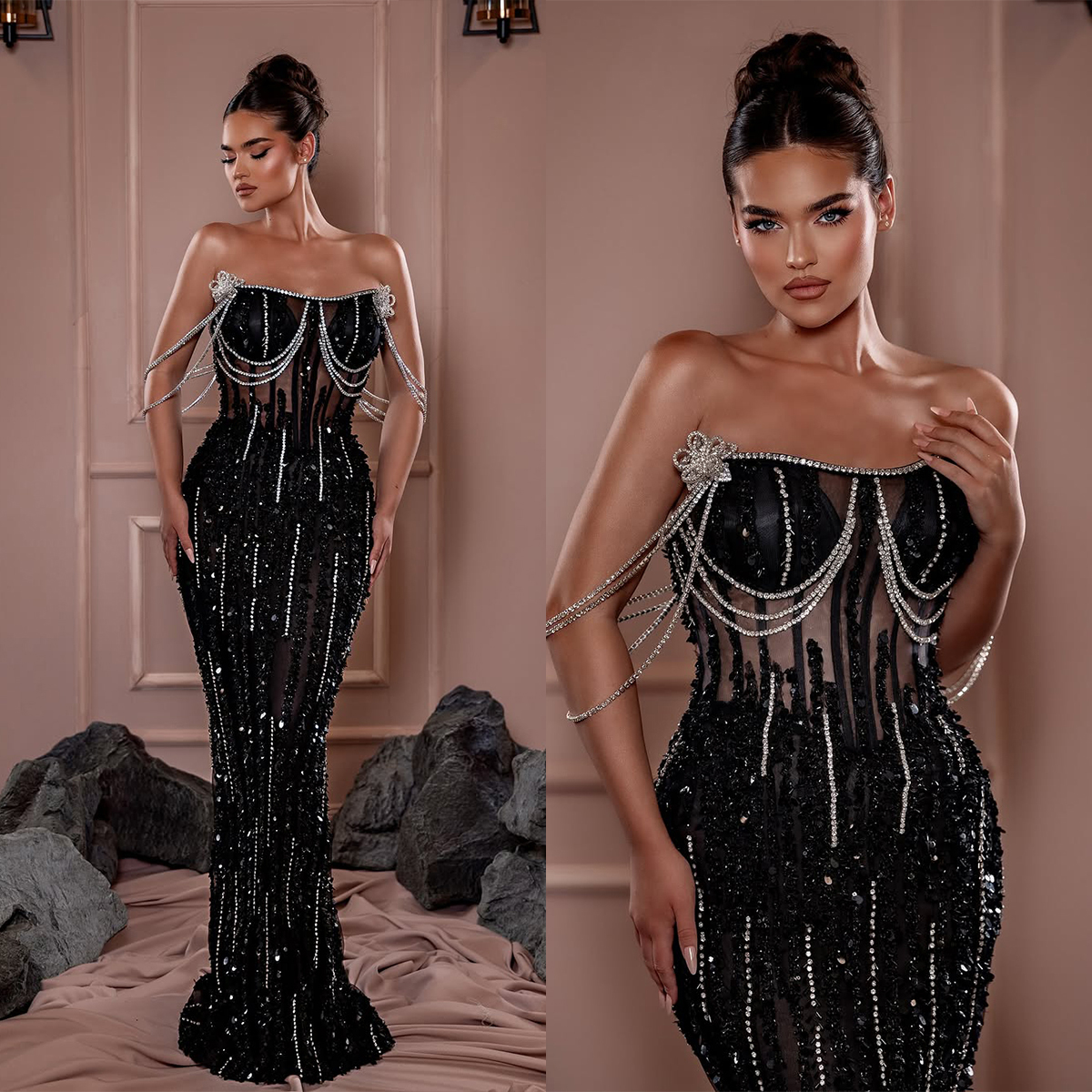 Stylish Evening Dresses Sequins Off Shoulder Prom Dress Rhinestone Beading Tassel Illusion Mermaid Party Gowns Vestidos De Noche Plus Size