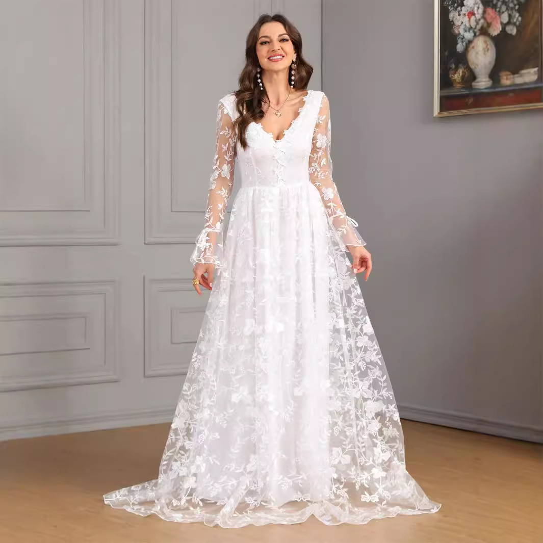 New womens clothing for autumn and winter long sleeves V-neck big hem trailing lace dress wedding dress