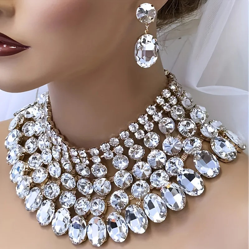 Lady 3 Pc Exaggerated Style Full of Rhinestone Necklace Earrings Set For Birthday Parties Multiple Color Options 250519