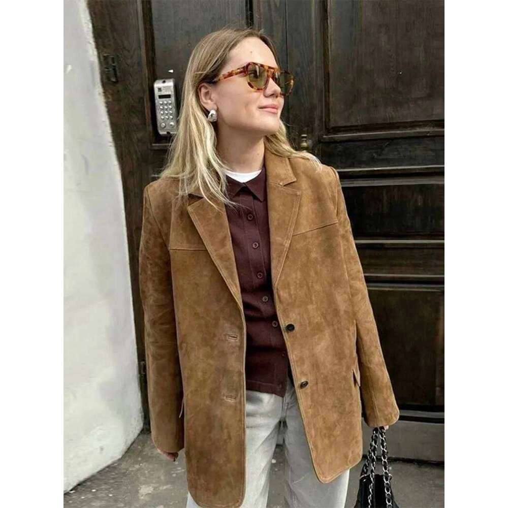 Vintage Suede Blazer Jacket Women Loose Lapel Long Sleeve Single Breasted Jackets 2025 Spring Lady Fashion High Street Coats New